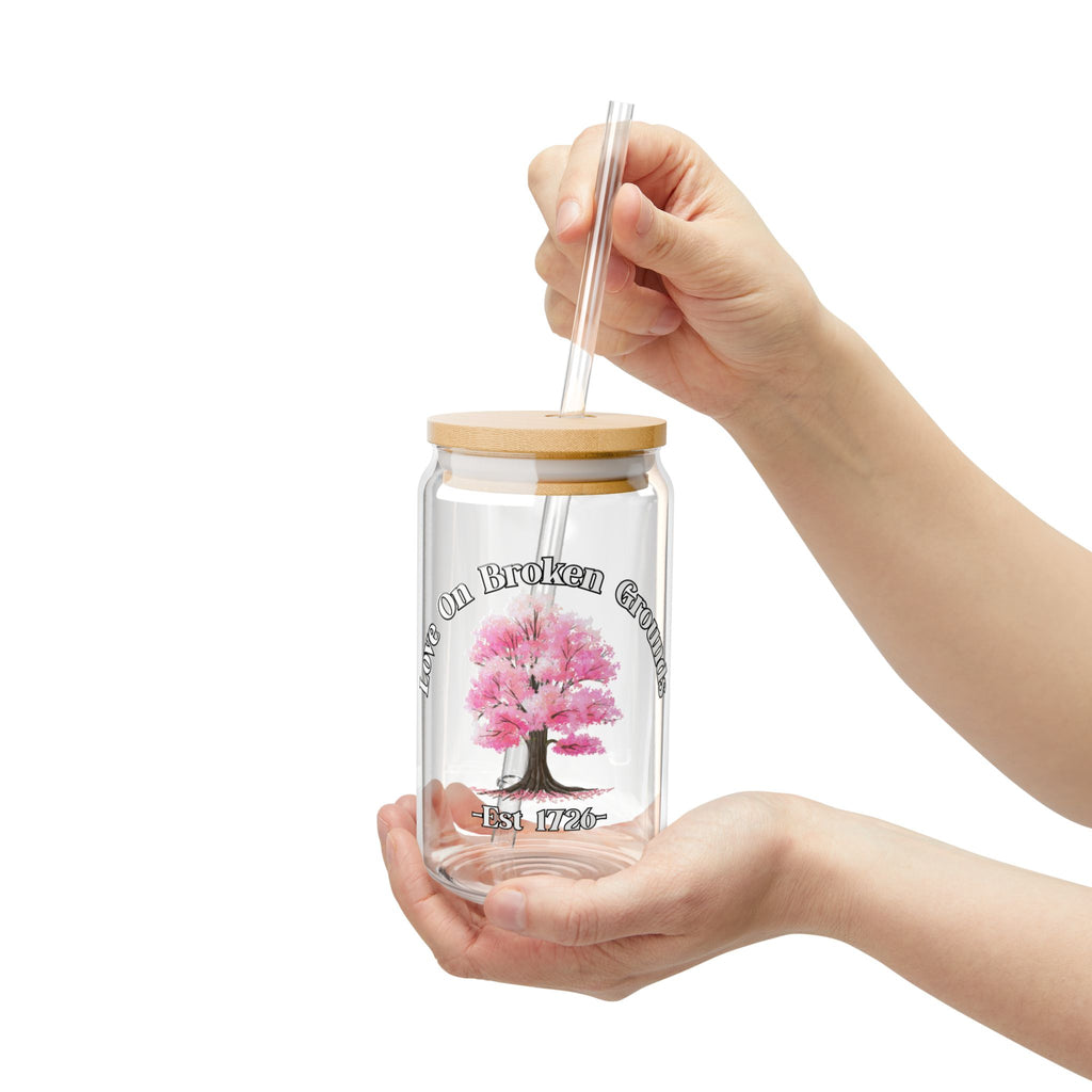 Love On Broken Grounds Blossom Tree Design 16oz glass with straw