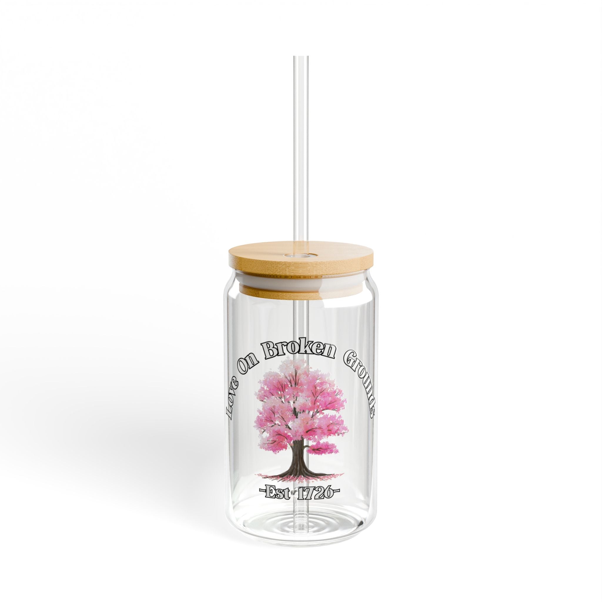 Love On Broken Grounds Blossom Tree Design 16oz glass with straw